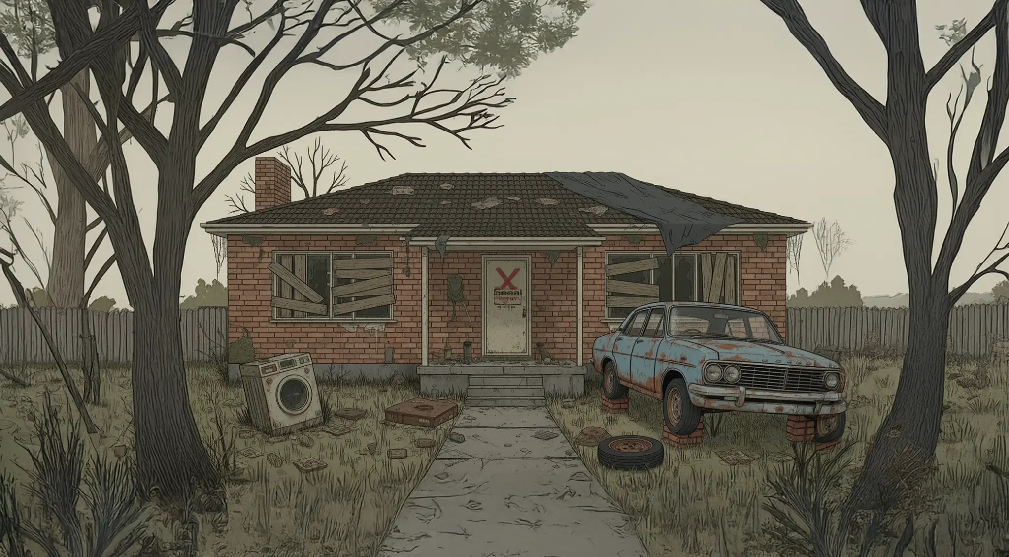 Run-down house with old car, the world of Barry Dodge